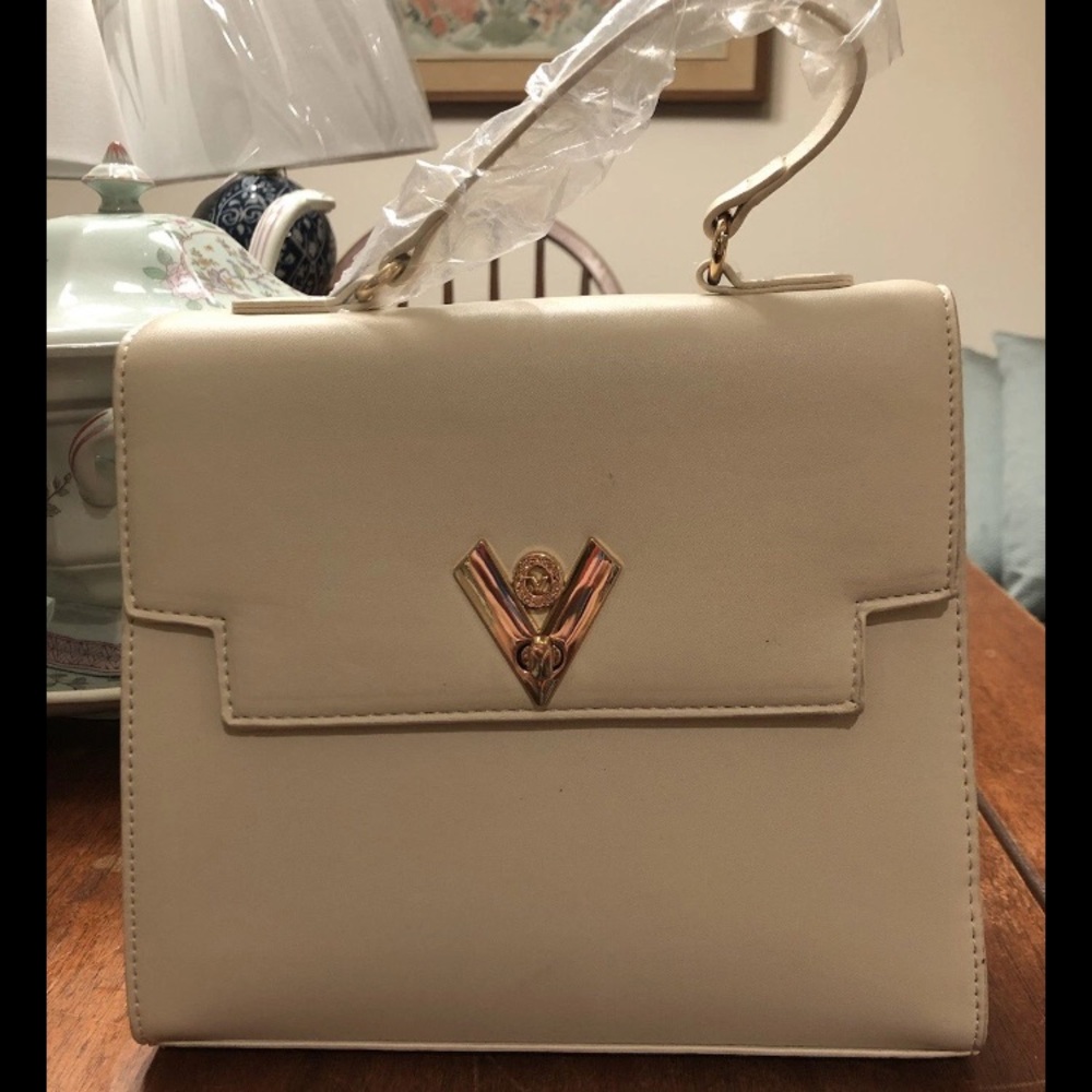 Valentino Orlandi V Taupe Vegan Leather Cream Satchel Bag Long Strap Wallet $109